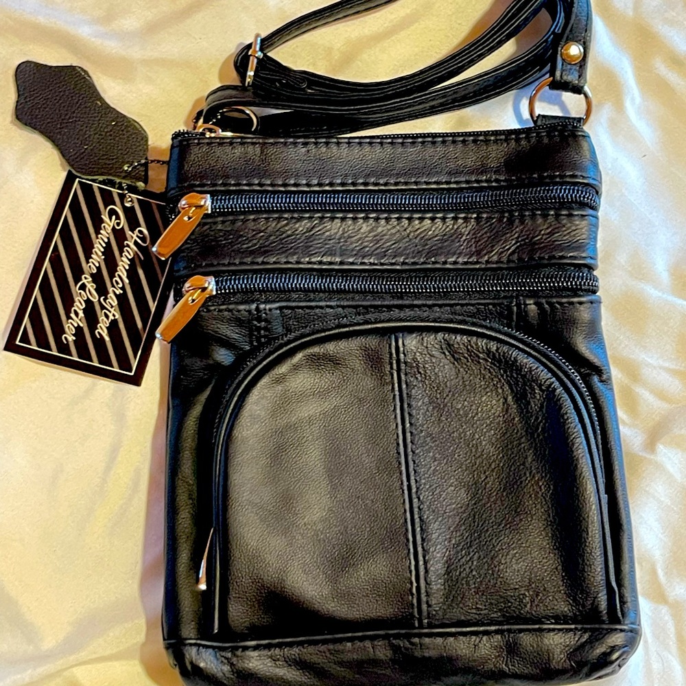 Handmade black leather crossbody
